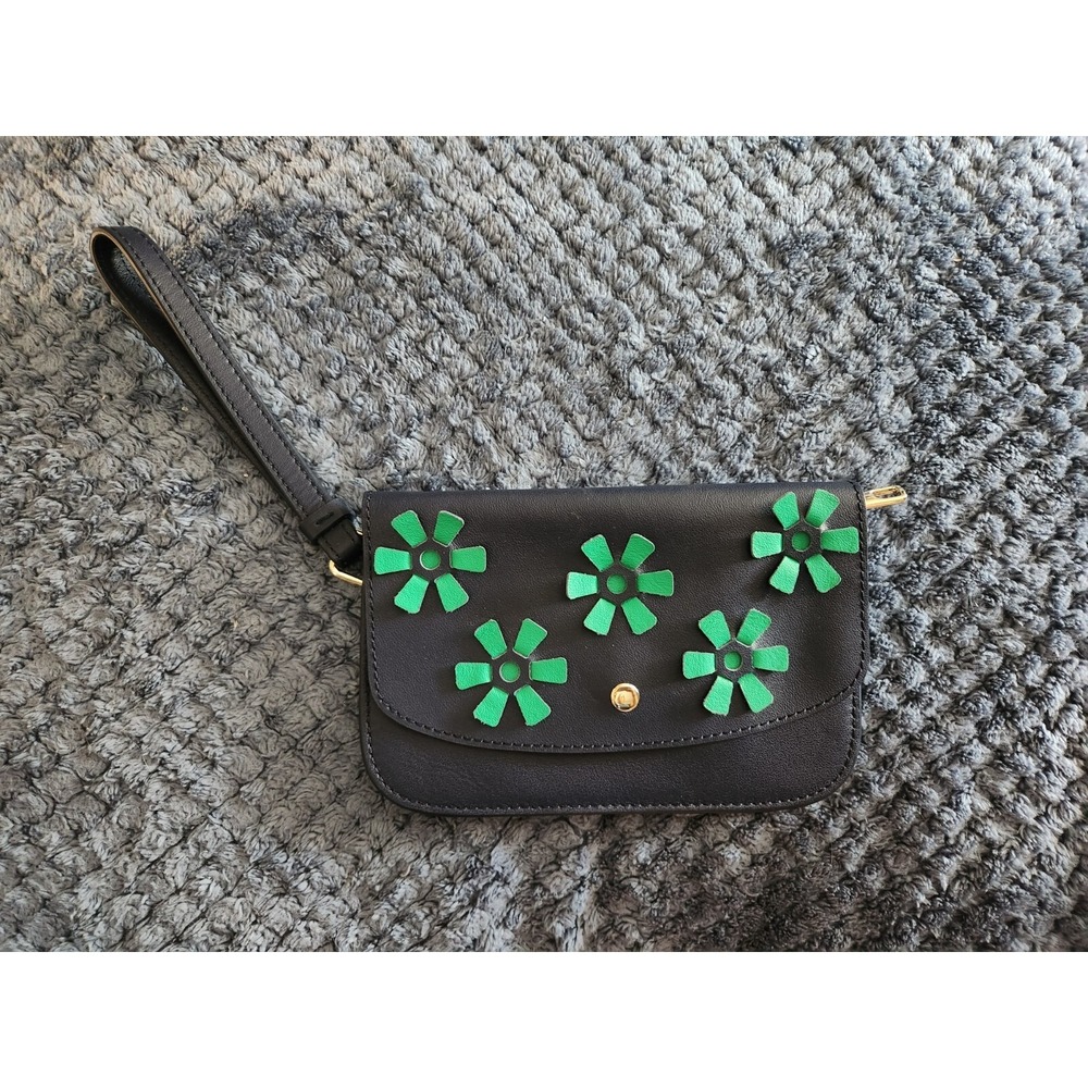 TALBOTS POSH MOD LEATHER Wristlet Navy Blue Emerald Button Closure